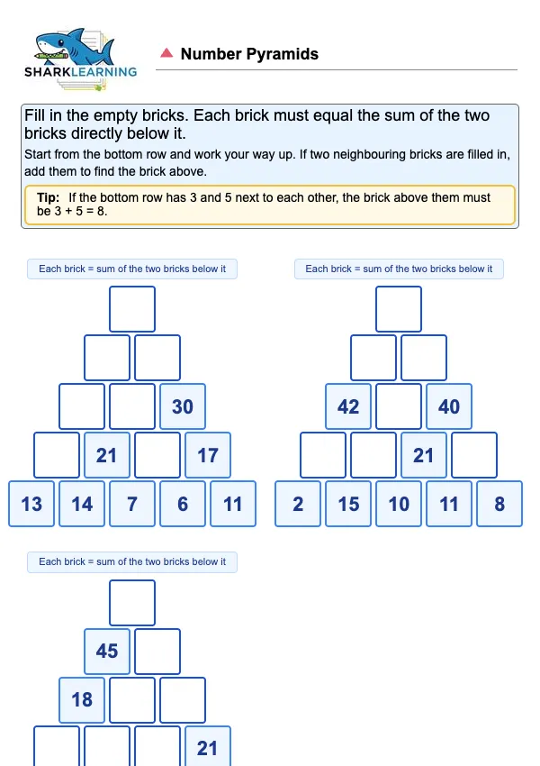 🔺 Number Pyramids Worksheets | 3rd Grade Activities And Puzzles | Shark ...